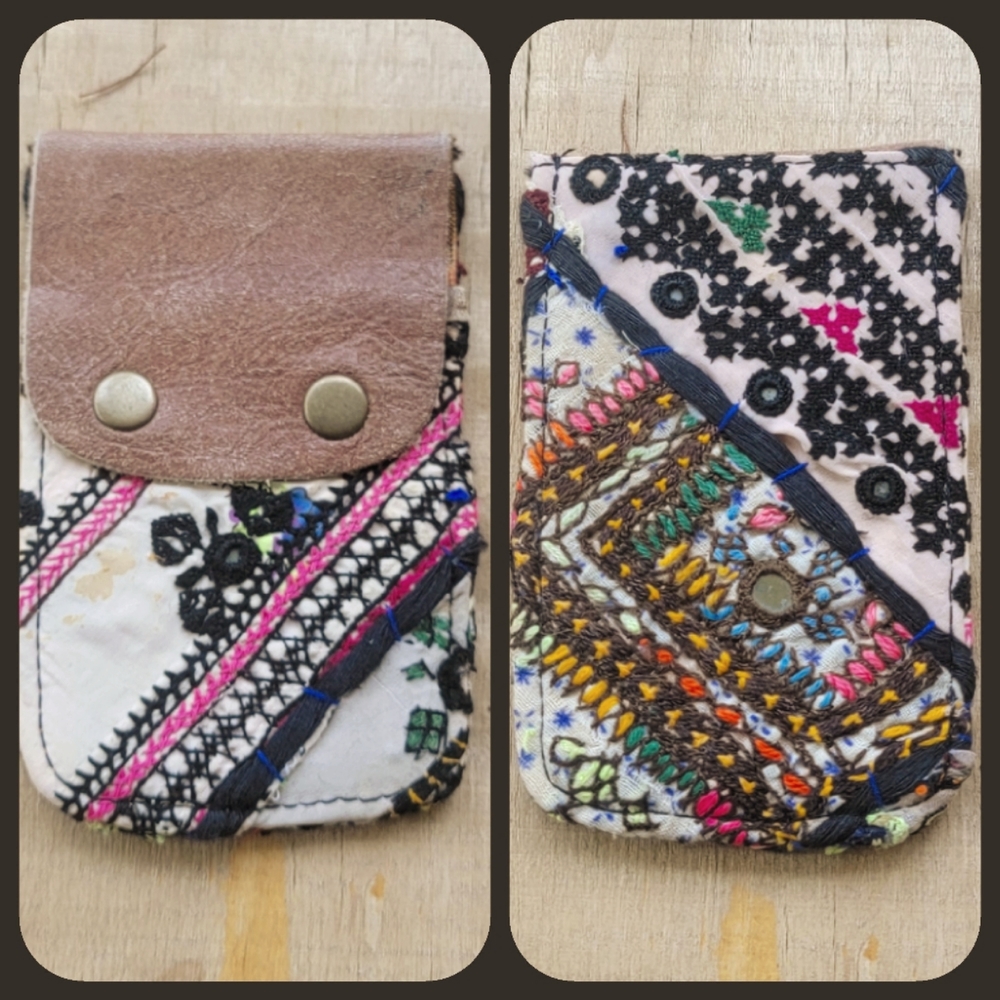 🧠🍳 Free People Boho Embroidered Repurposed vtg banjara hippie Wallet card case